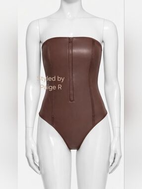 ❤NWT SKIMS 1 One Piece Rubberized Scuba Zip up Strapless Swimsuit Brown COCOA XS